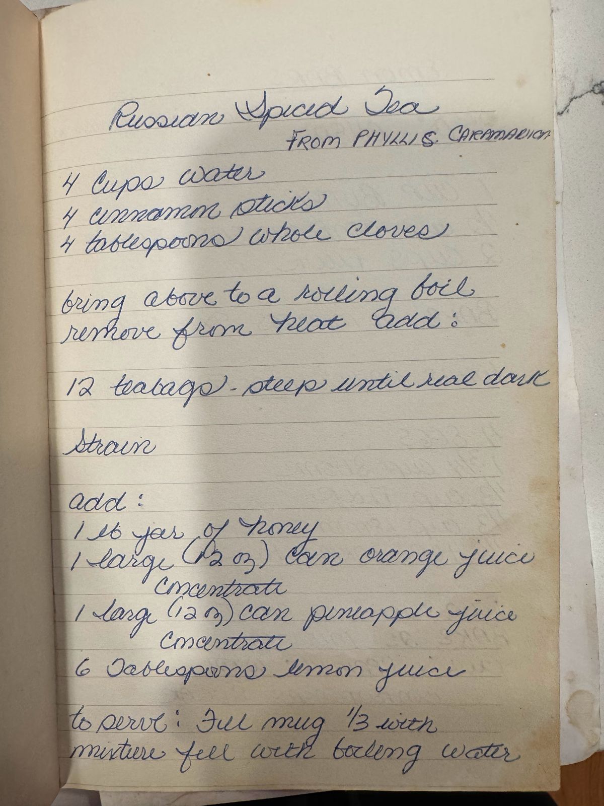 Grammy's handwritten page for Russian Spiced Tea
