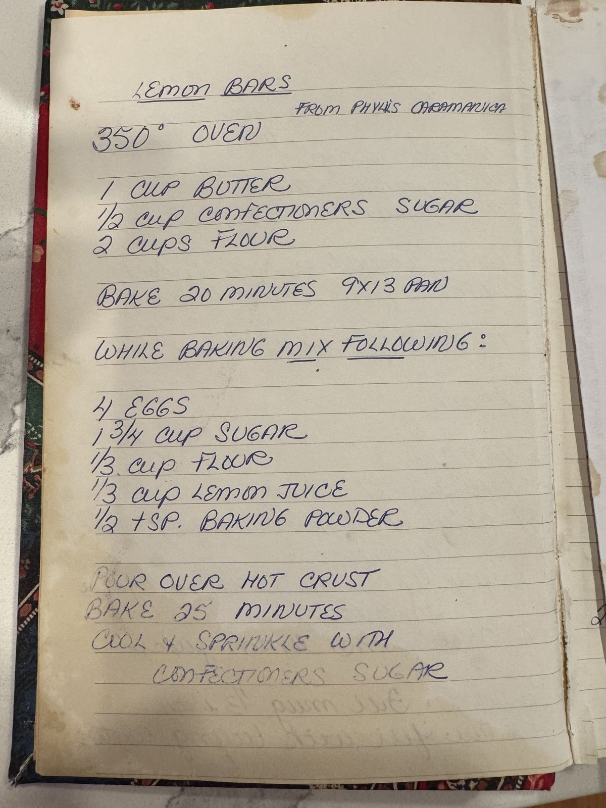 Grammy's handwritten page for Lemon Bars