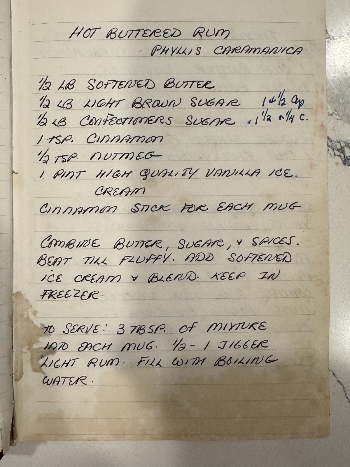 Grammy's handwritten page for Hot Buttered Rum