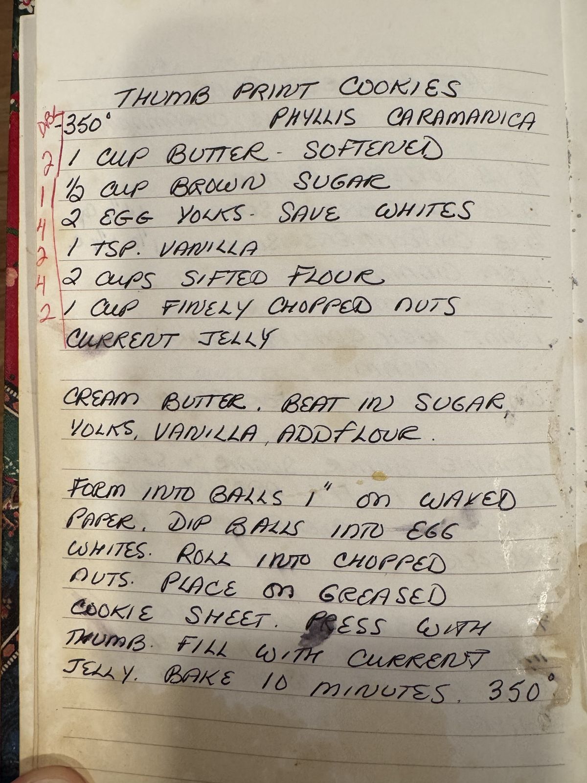 Grammy's handwritten page for Thumb Print Cookies