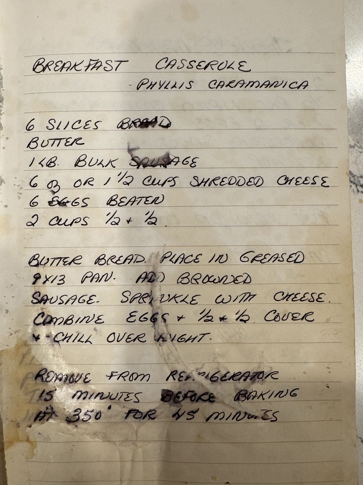 Grammy's handwritten page for Breakfast Casserole