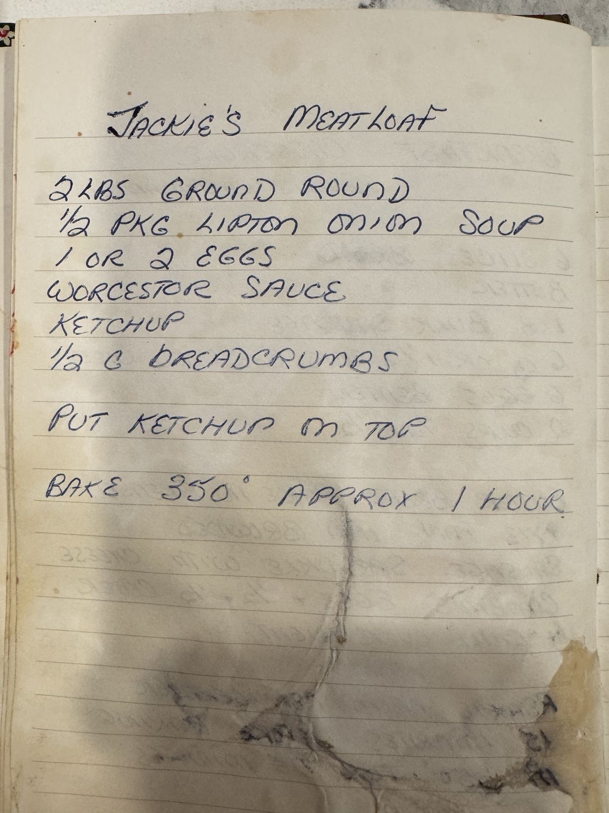 Grammy's handwritten page for Jackie's Meatloaf