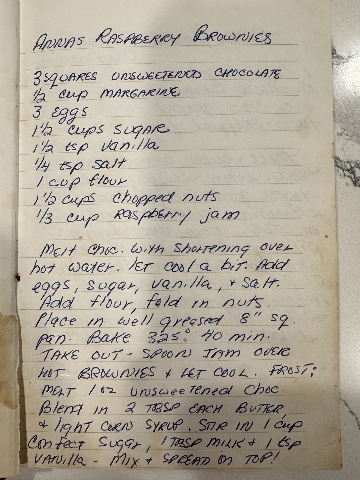 Grammy's handwritten page for Anna's Raspberry Brownies