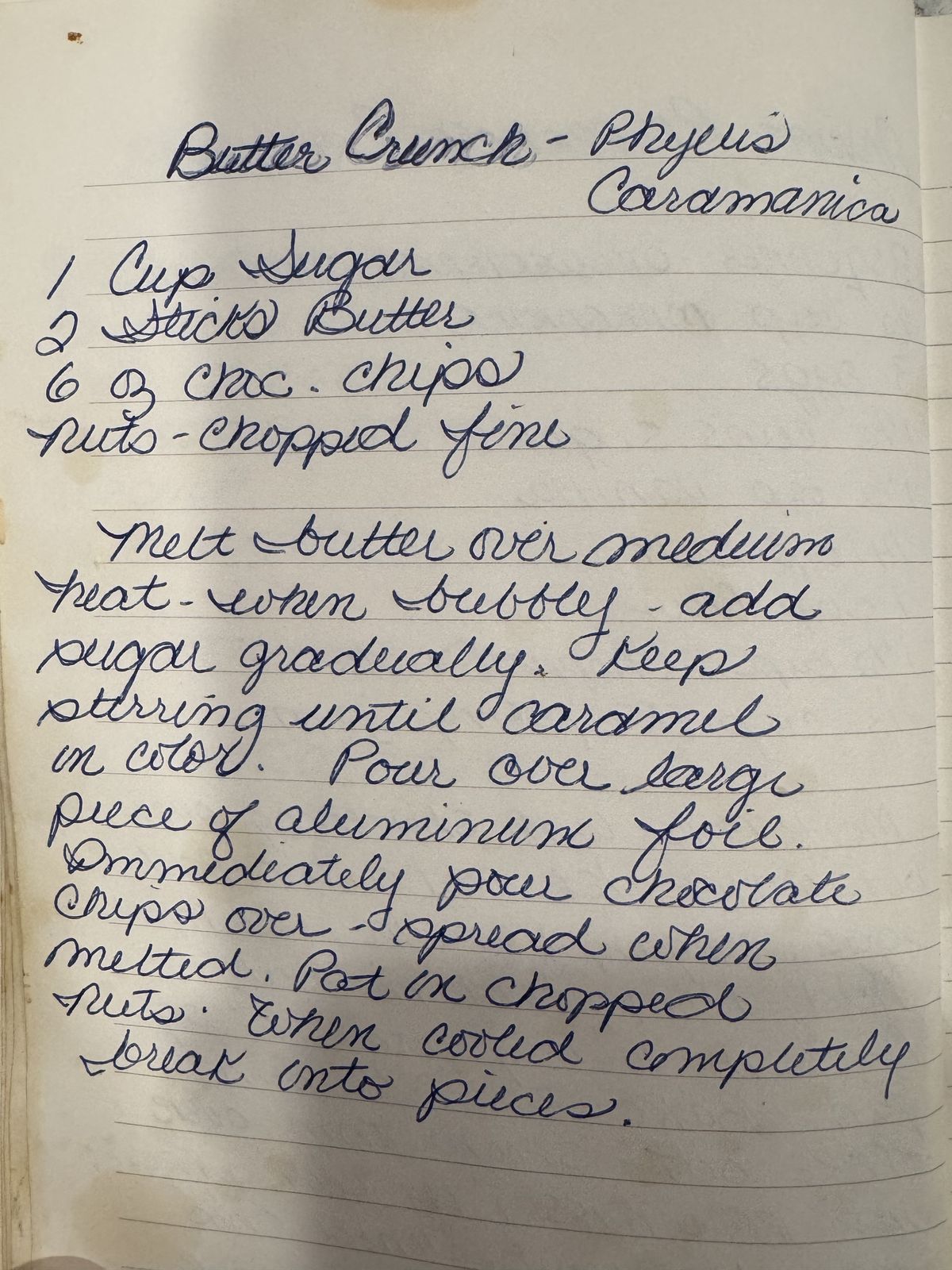 Grammy's handwritten page for Butter Crunch