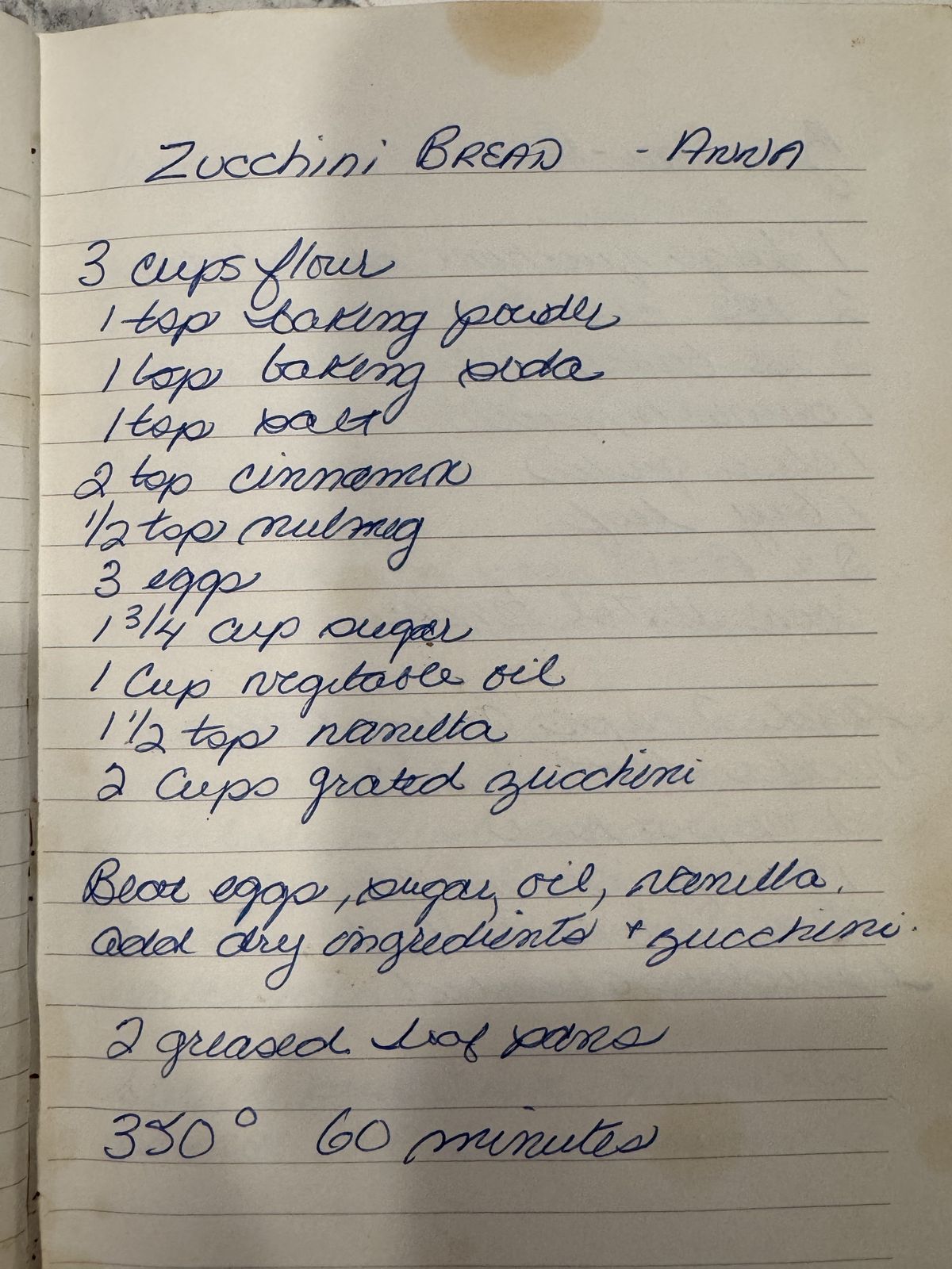 Grammy's handwritten page for Zucchini Bread