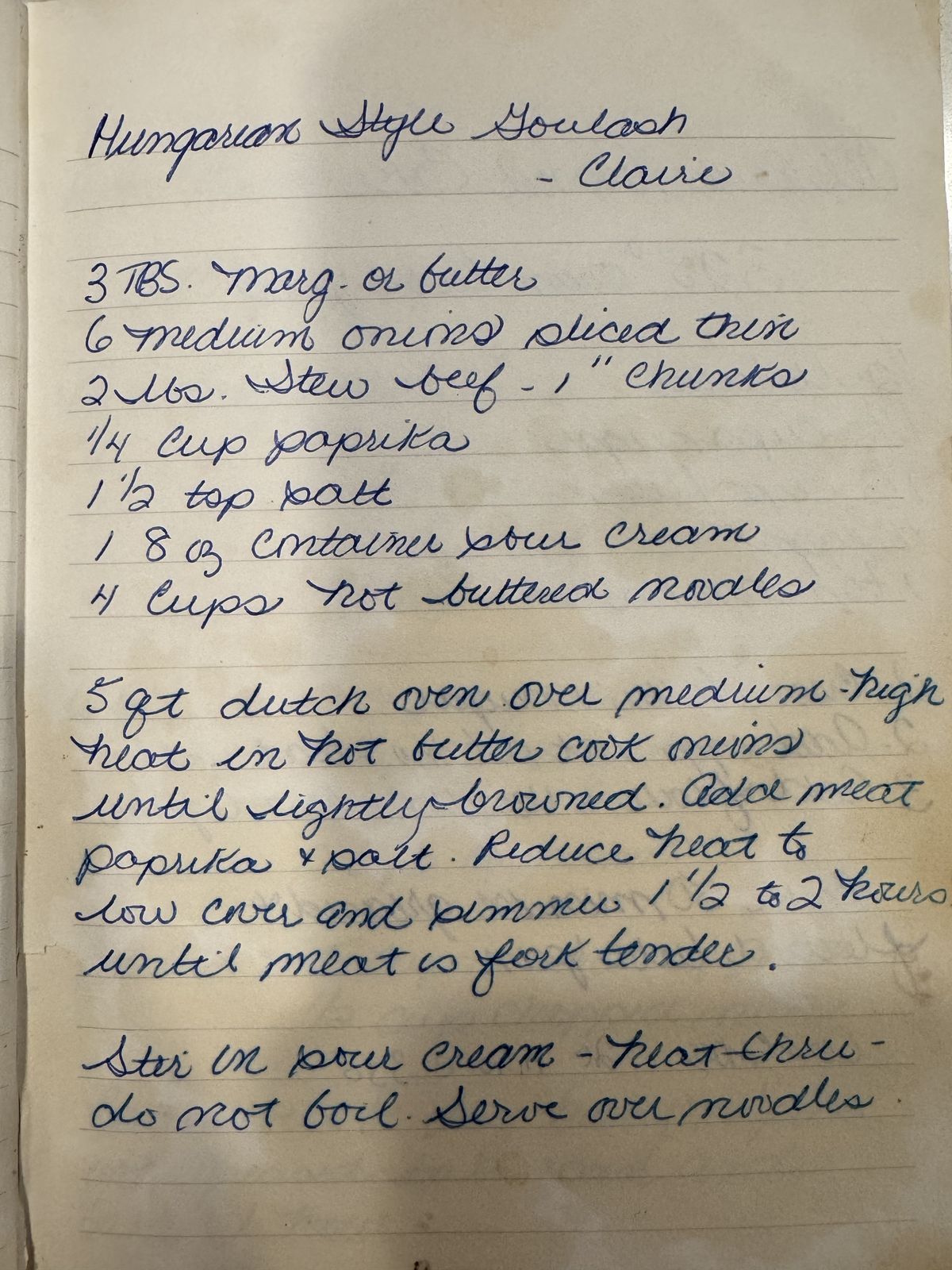 Grammy's handwritten page for Hungarian Style Goulash