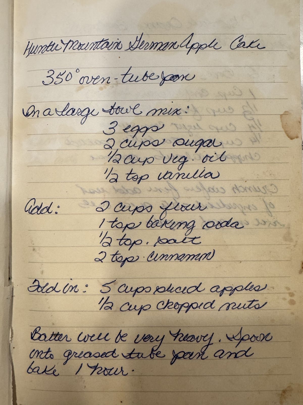 Grammy's handwritten page for Hunter Mountain German Apple Cake