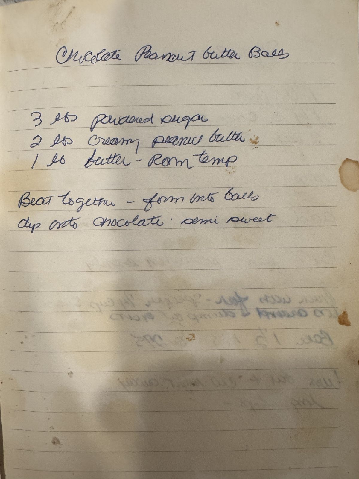 Grammy's handwritten page for Chocolate Peanut Butter Balls
