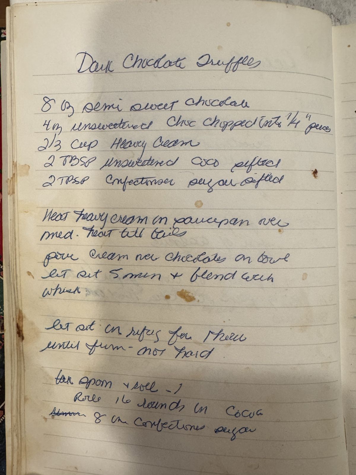 Grammy's handwritten page for Dark Chocolate Truffles