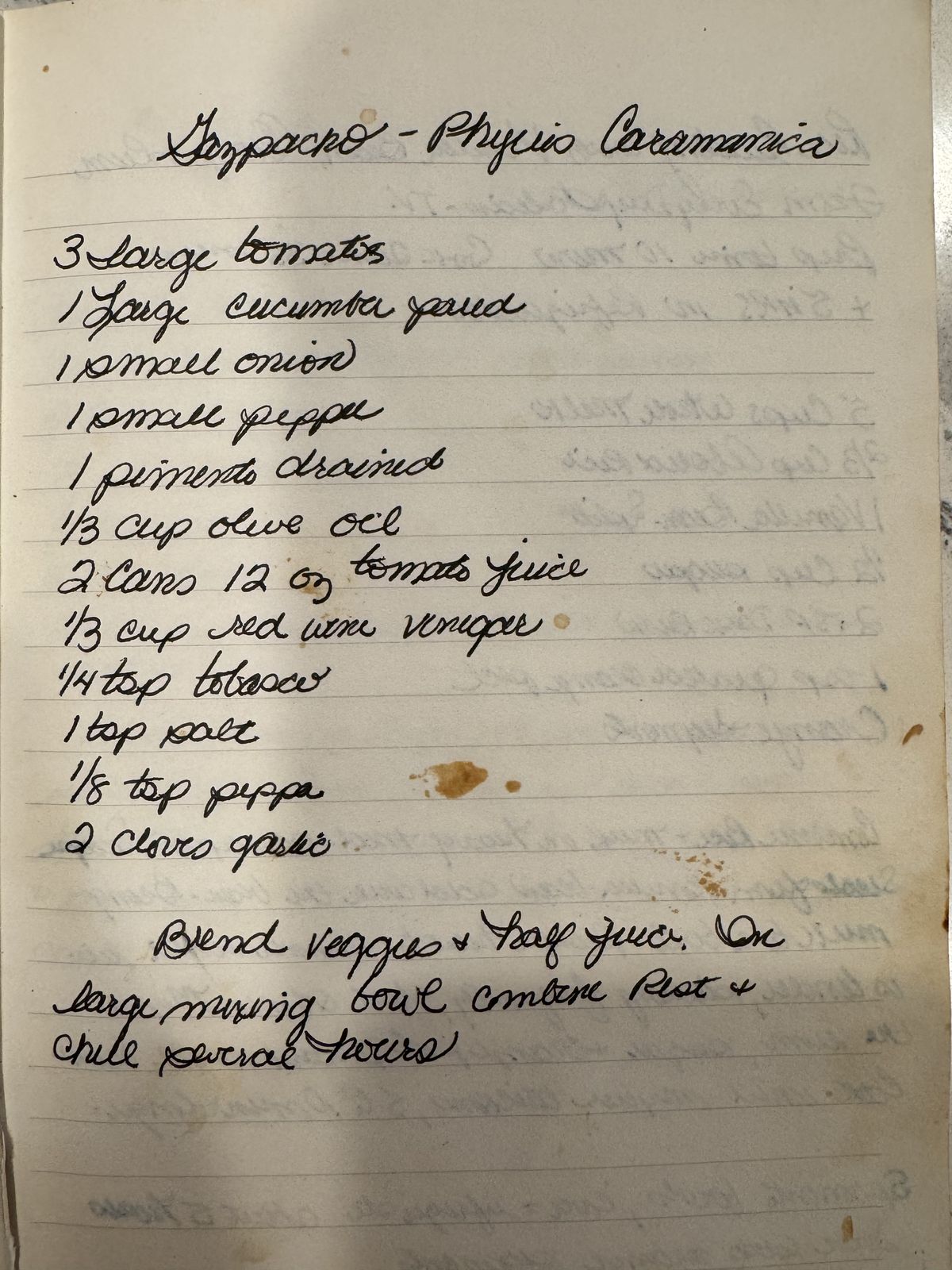 Grammy's handwritten page for Gazpacho