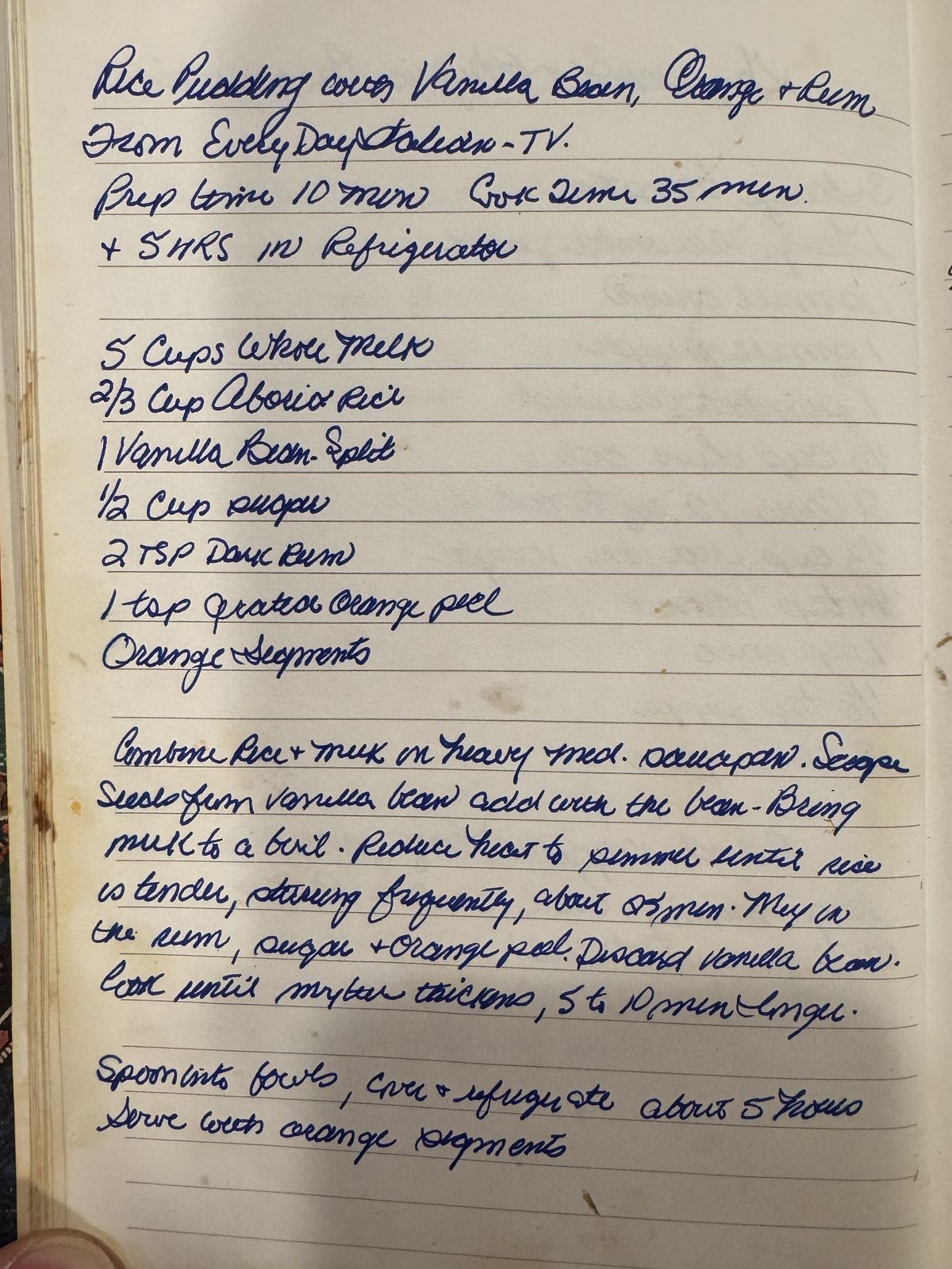 Grammy's handwritten page for Rice Pudding with Vanilla Bean, Orange & Rum