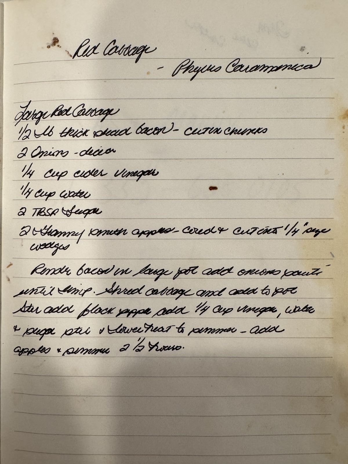Grammy's handwritten page for Red Cabbage