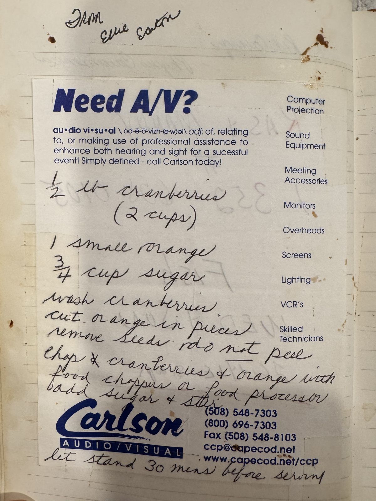Grammy's handwritten page for Cranberry Orange Relish