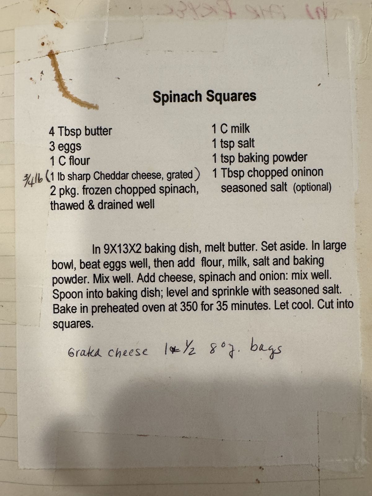 Grammy's handwritten page for Spinach Squares