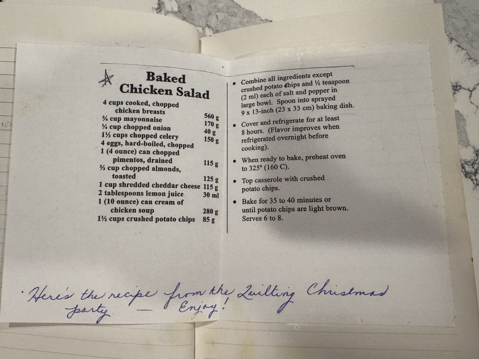 Grammy's handwritten page for Baked Chicken Salad