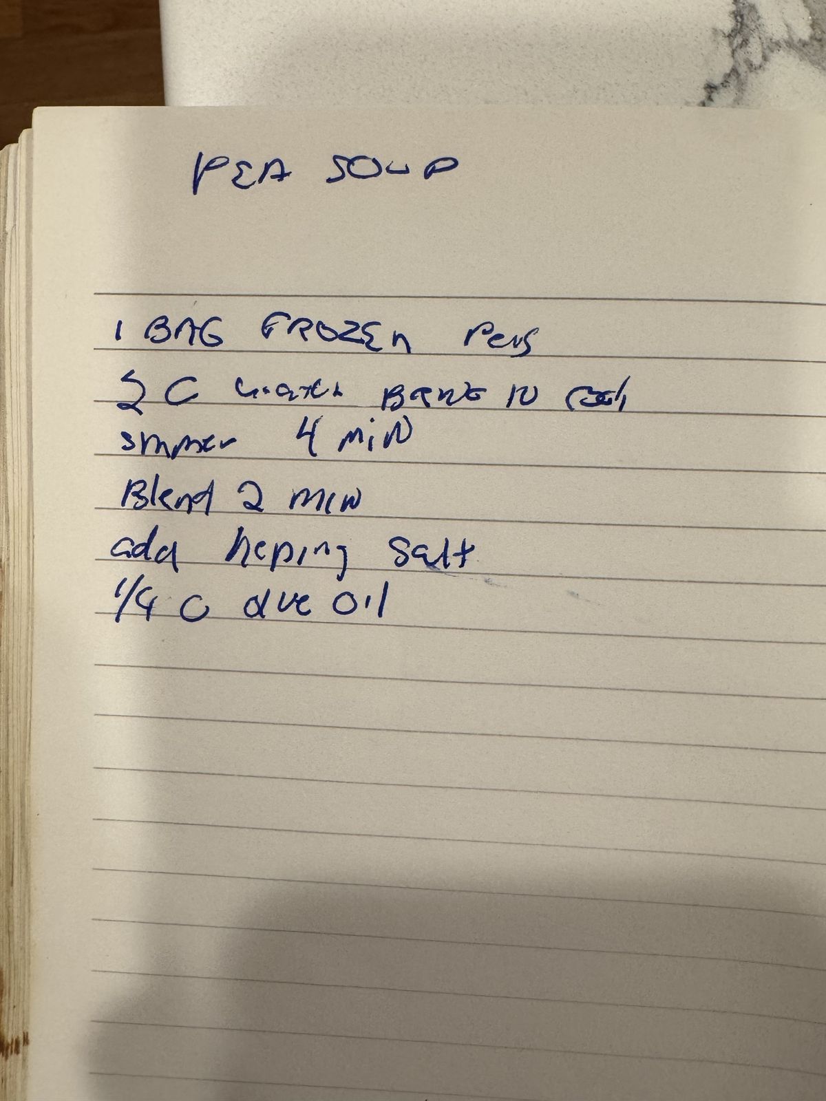 Grammy's handwritten page for Pea Soup