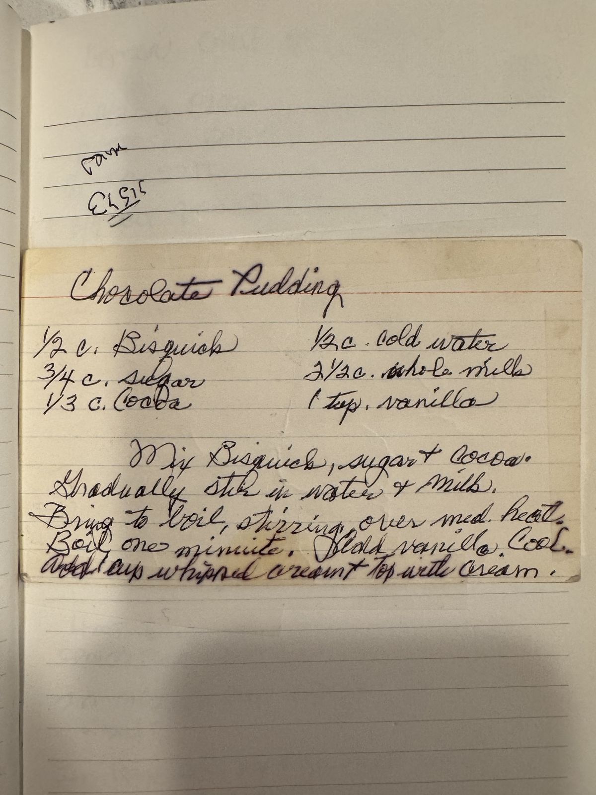 Grammy's handwritten page for Chocolate Pudding