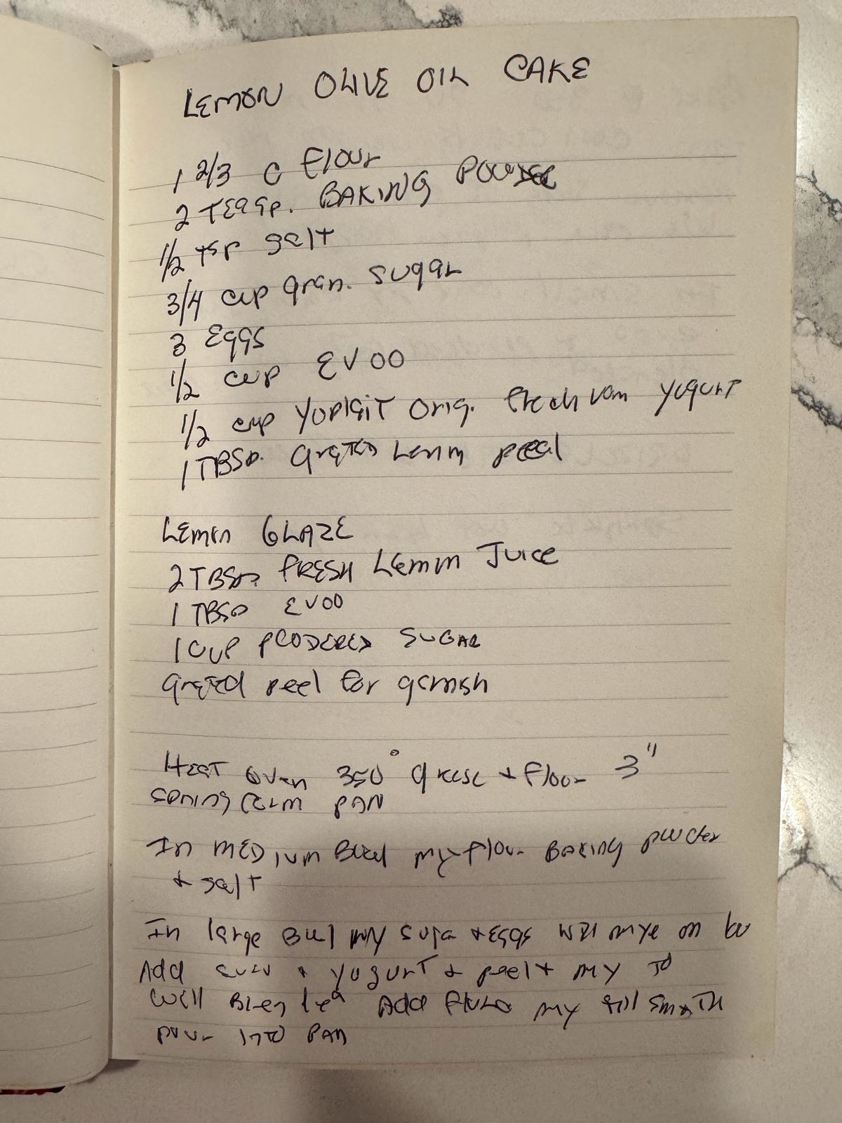 Grammy's handwritten page 1 of 2 for Lemon Olive Oil Cake