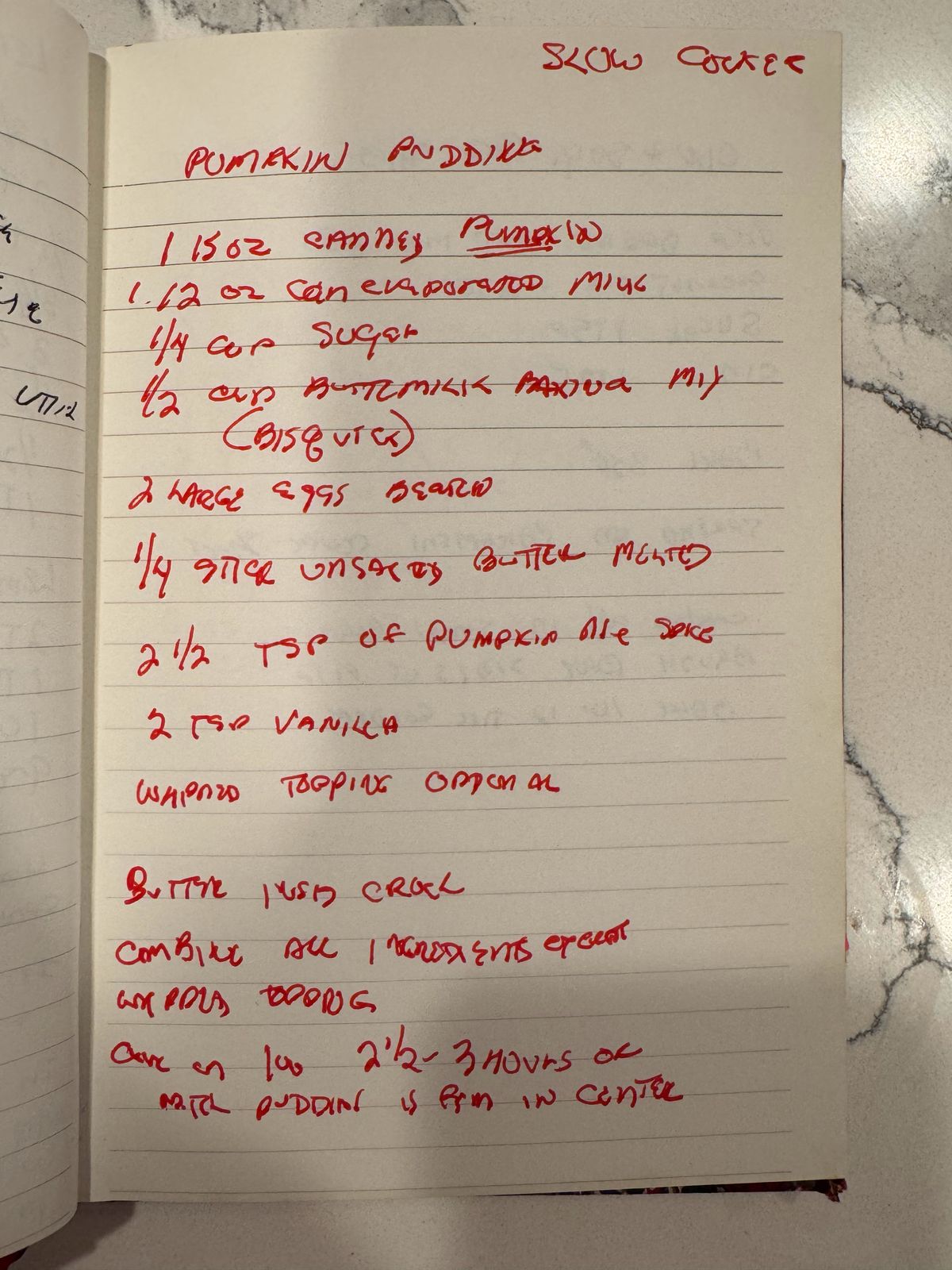 Grammy's handwritten page for Slow Cooker Pumpkin Pudding