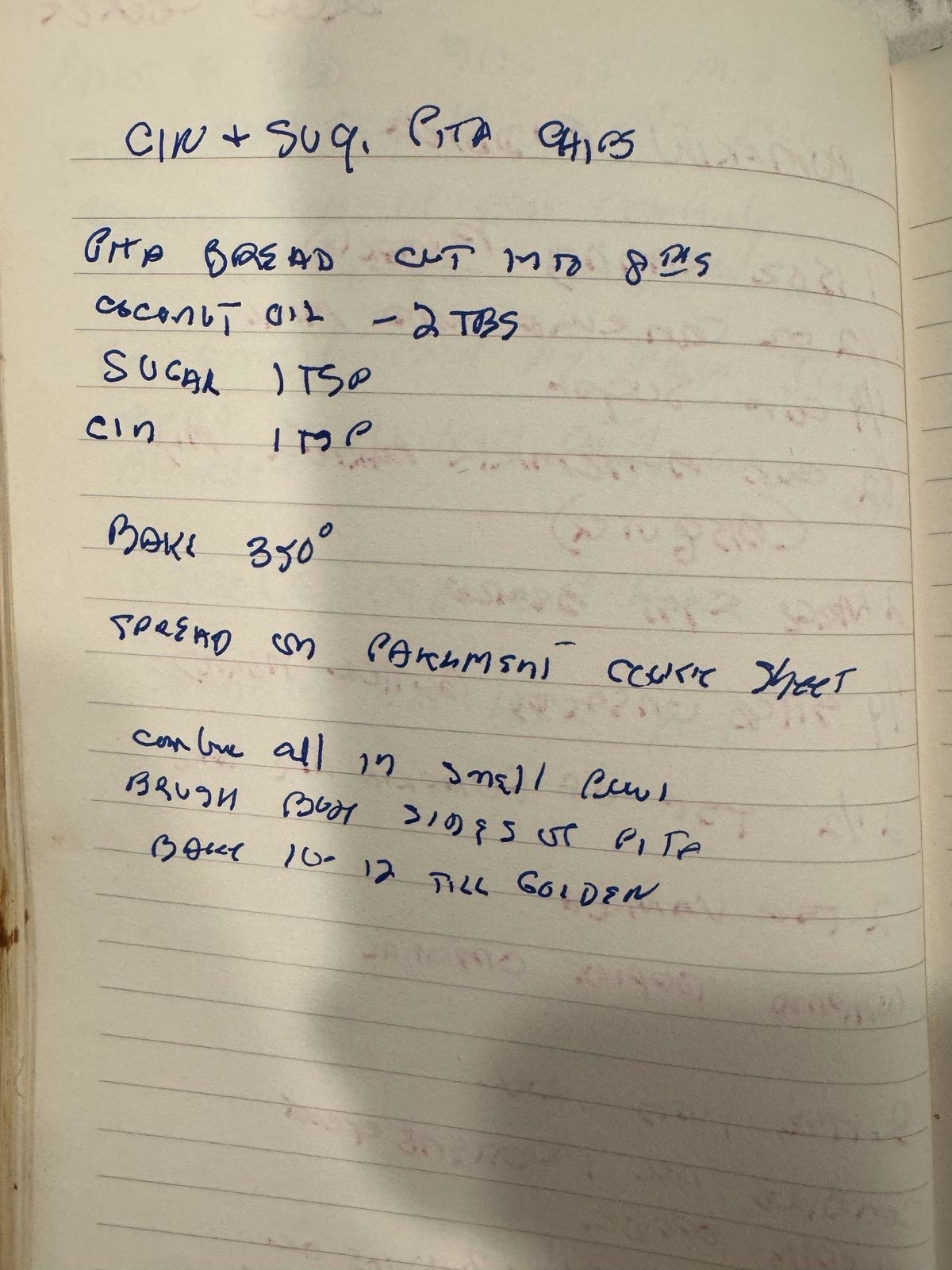 Grammy's handwritten page for Cinnamon Sugar Pita Chips