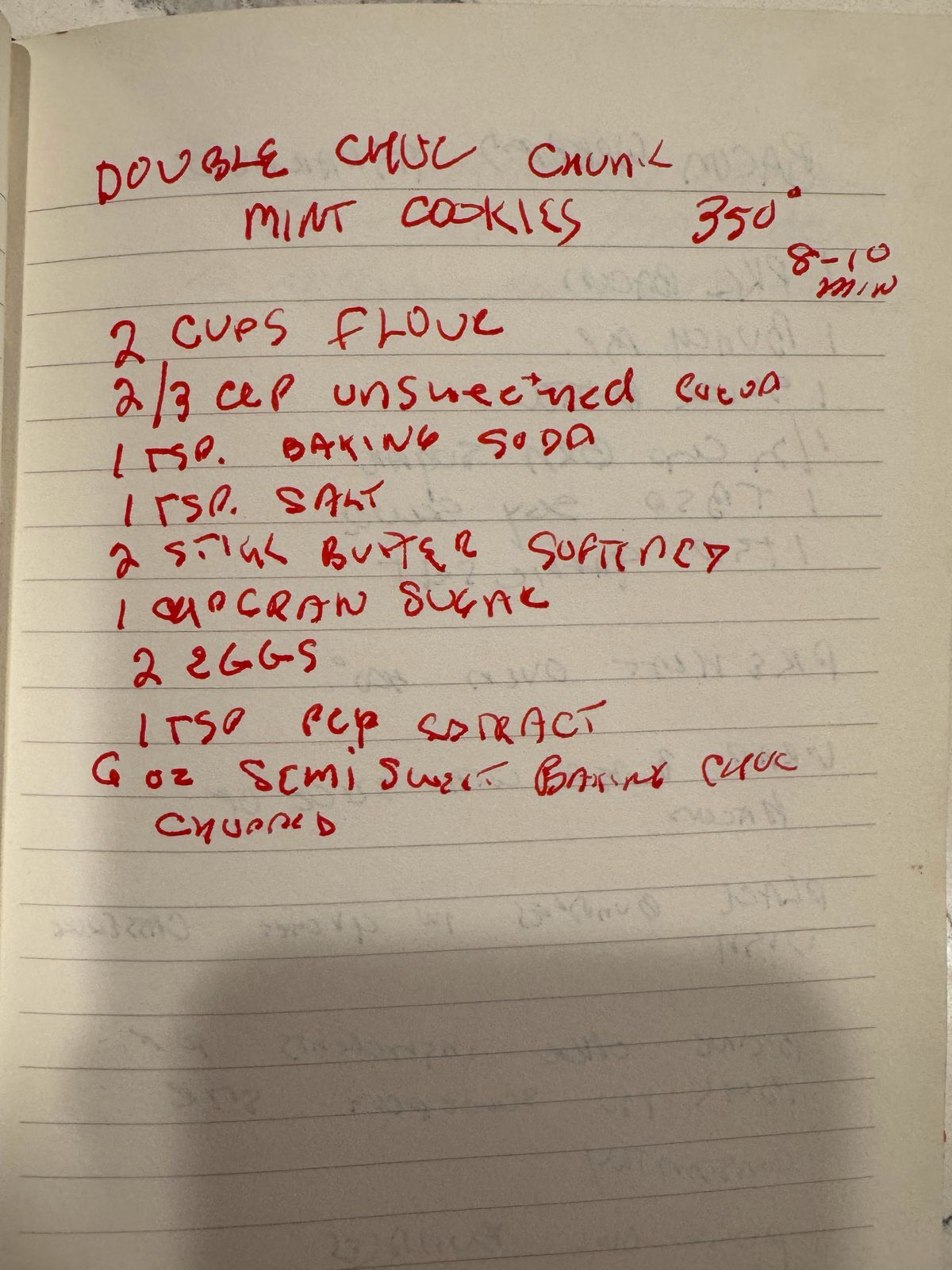Grammy's handwritten page for Double Chocolate Chunk Mint Cookies