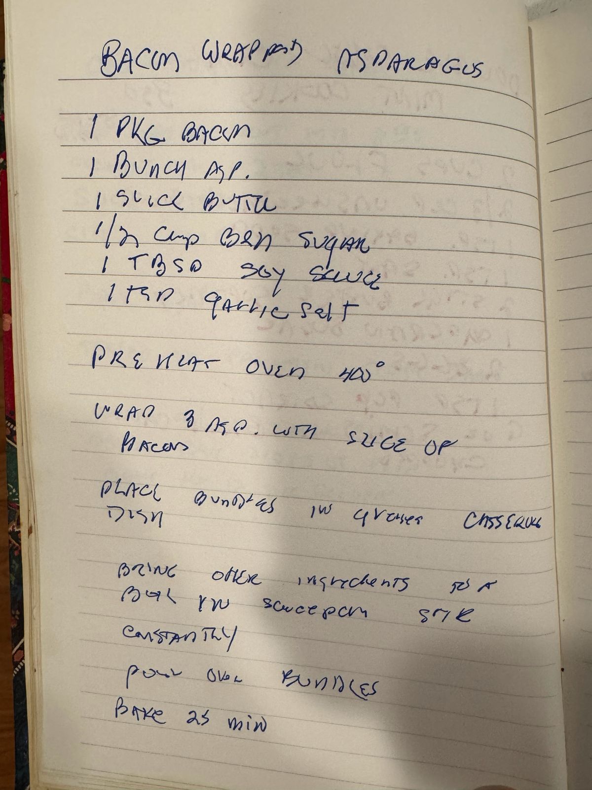 Grammy's handwritten page 1 of 2 for Bacon Wrapped Asparagus