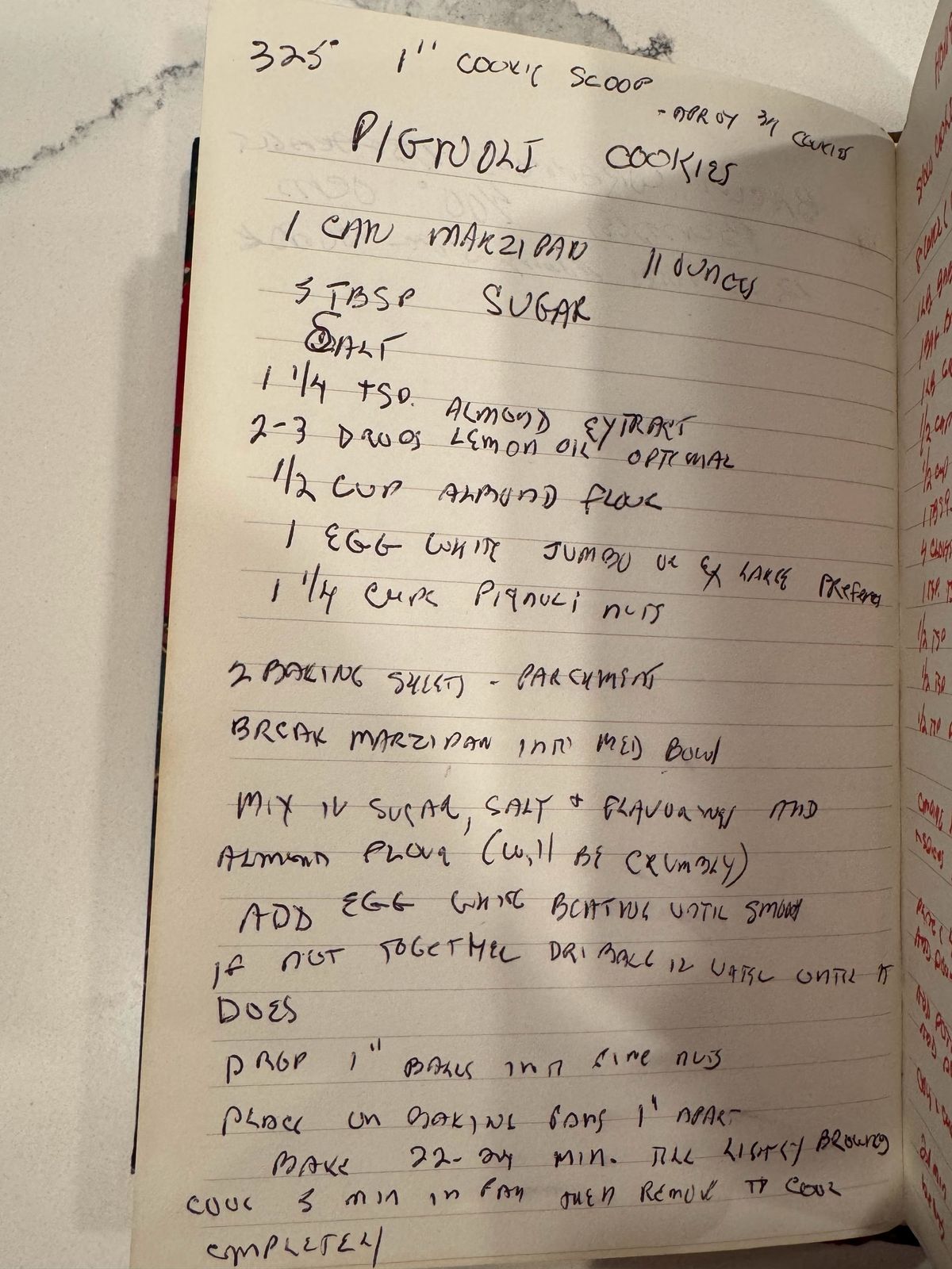 Grammy's handwritten page for Pignoli Cookies