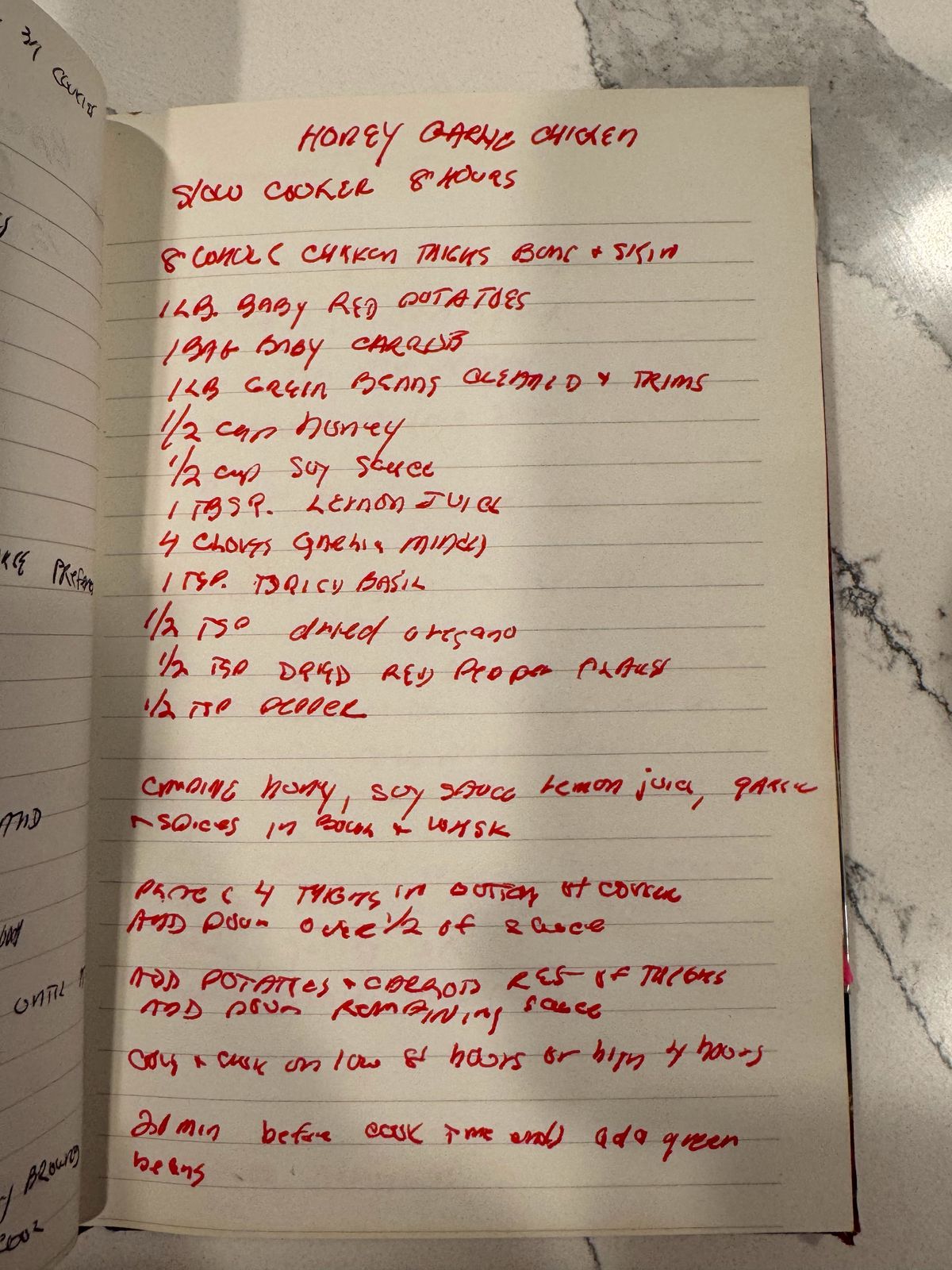 Grammy's handwritten page for Slow Cooker Honey Garlic Chicken