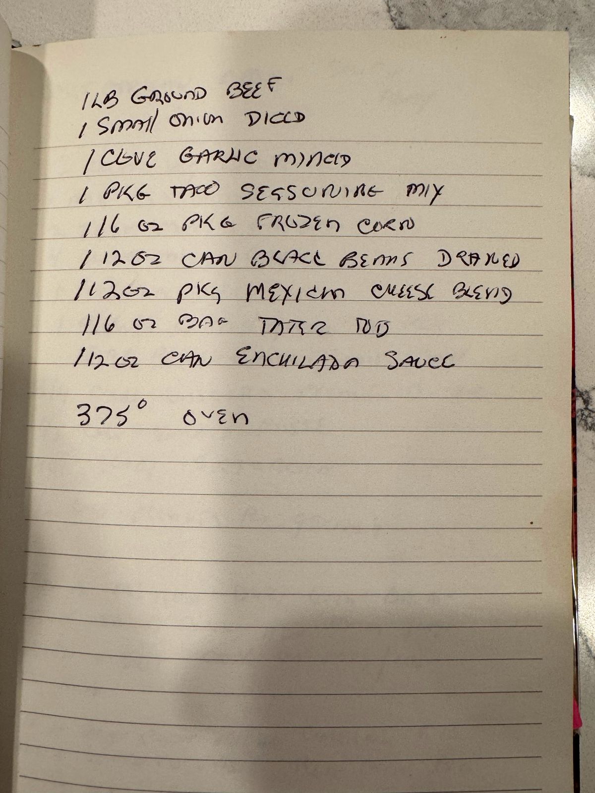 Grammy's handwritten page for Taco Tater Tot Casserole