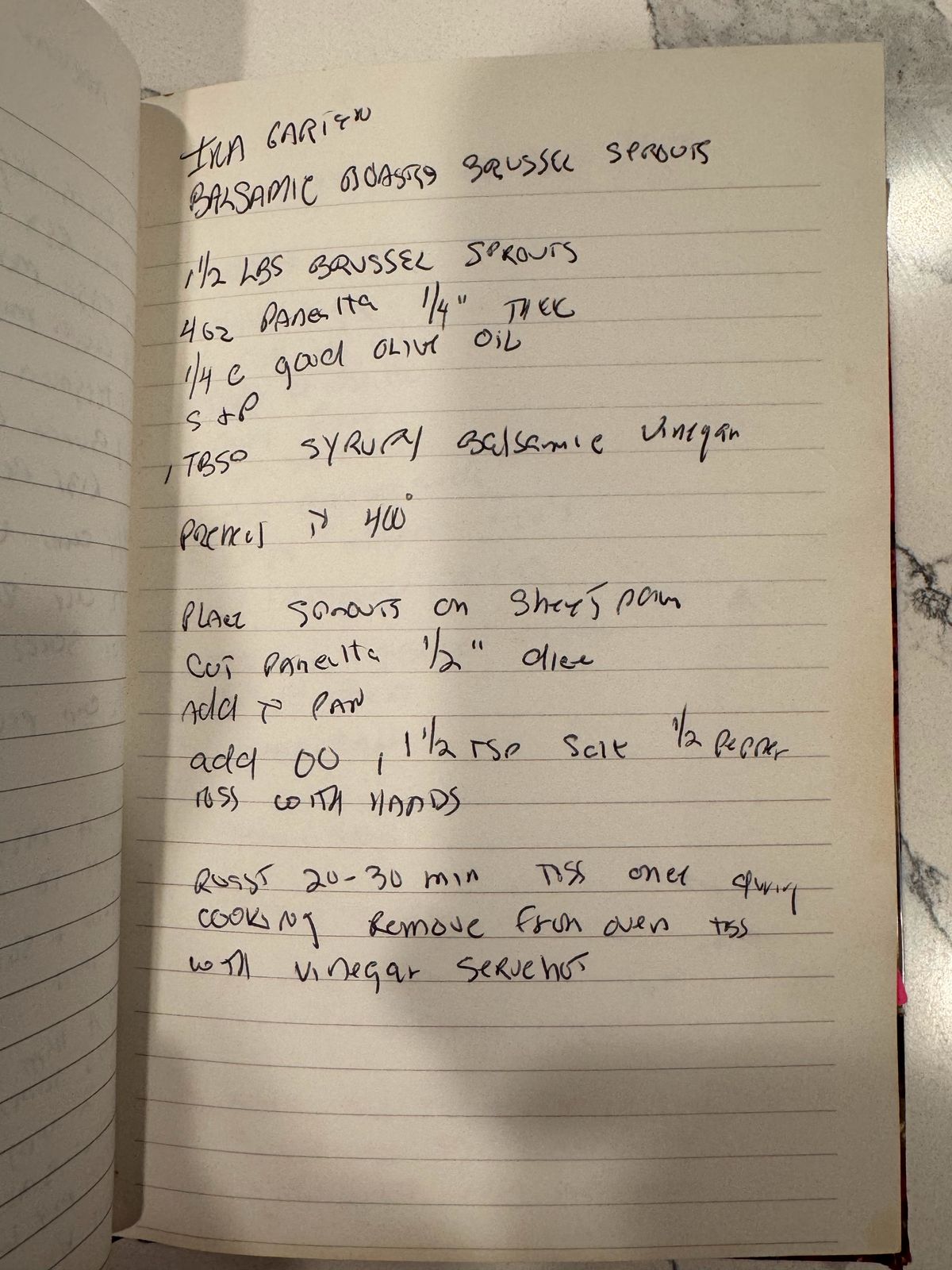 Grammy's handwritten page for Balsamic Roasted Brussels Sprouts
