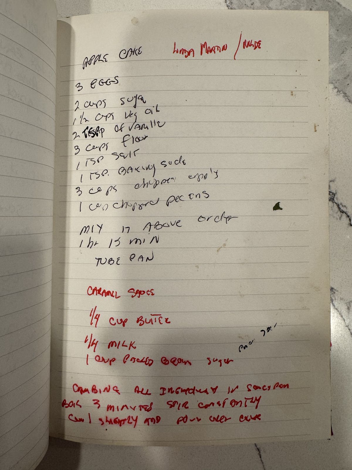 Grammy's handwritten page for Apple Cake with Caramel Sauce