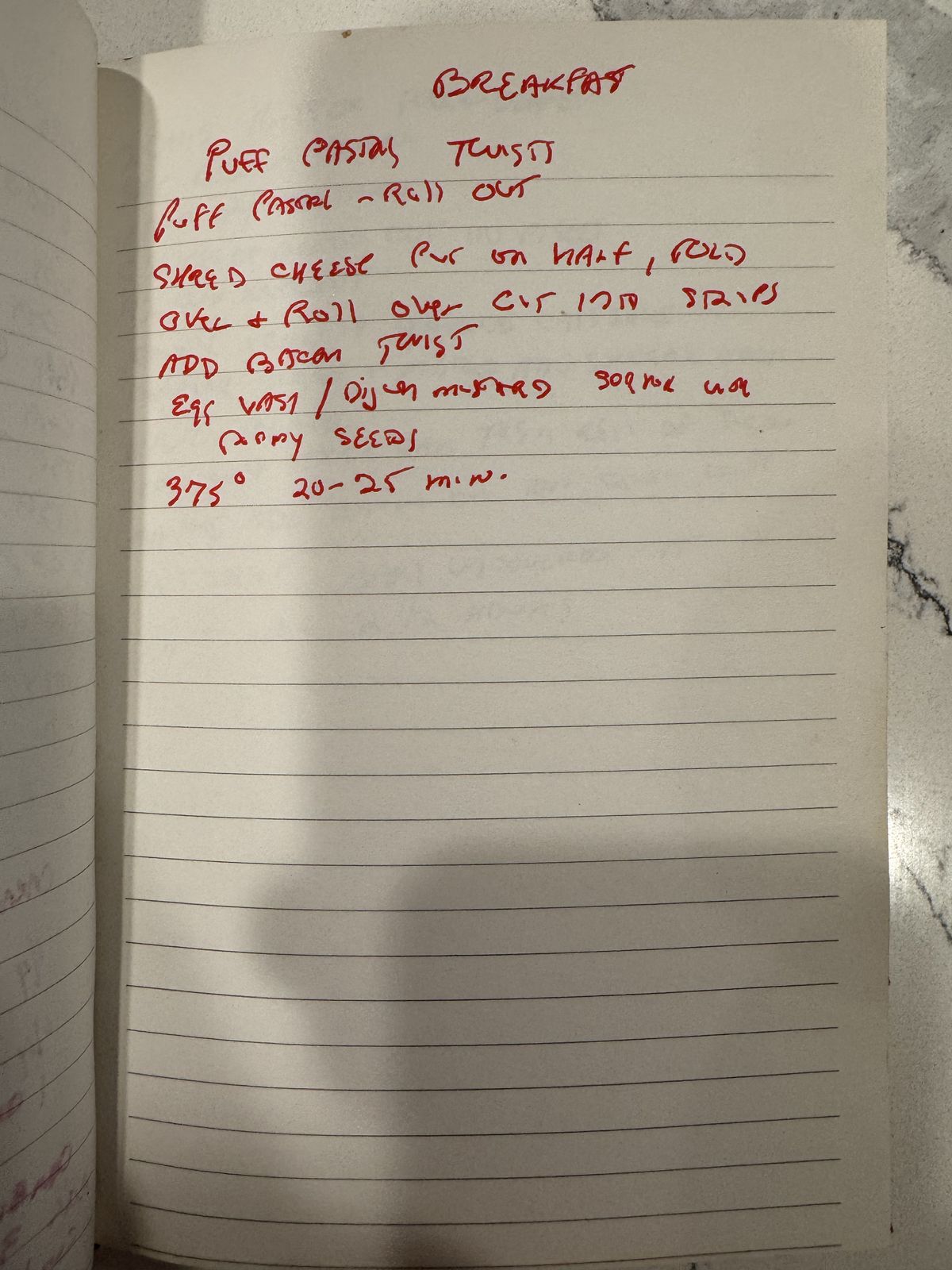 Grammy's handwritten page for Breakfast Puff Pastry Twists