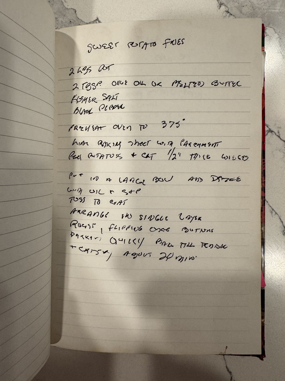 Grammy's handwritten page for Sweet Potato Fries