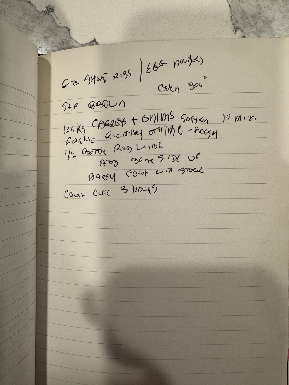 Grammy's handwritten page for Short Ribs over Egg Noodles