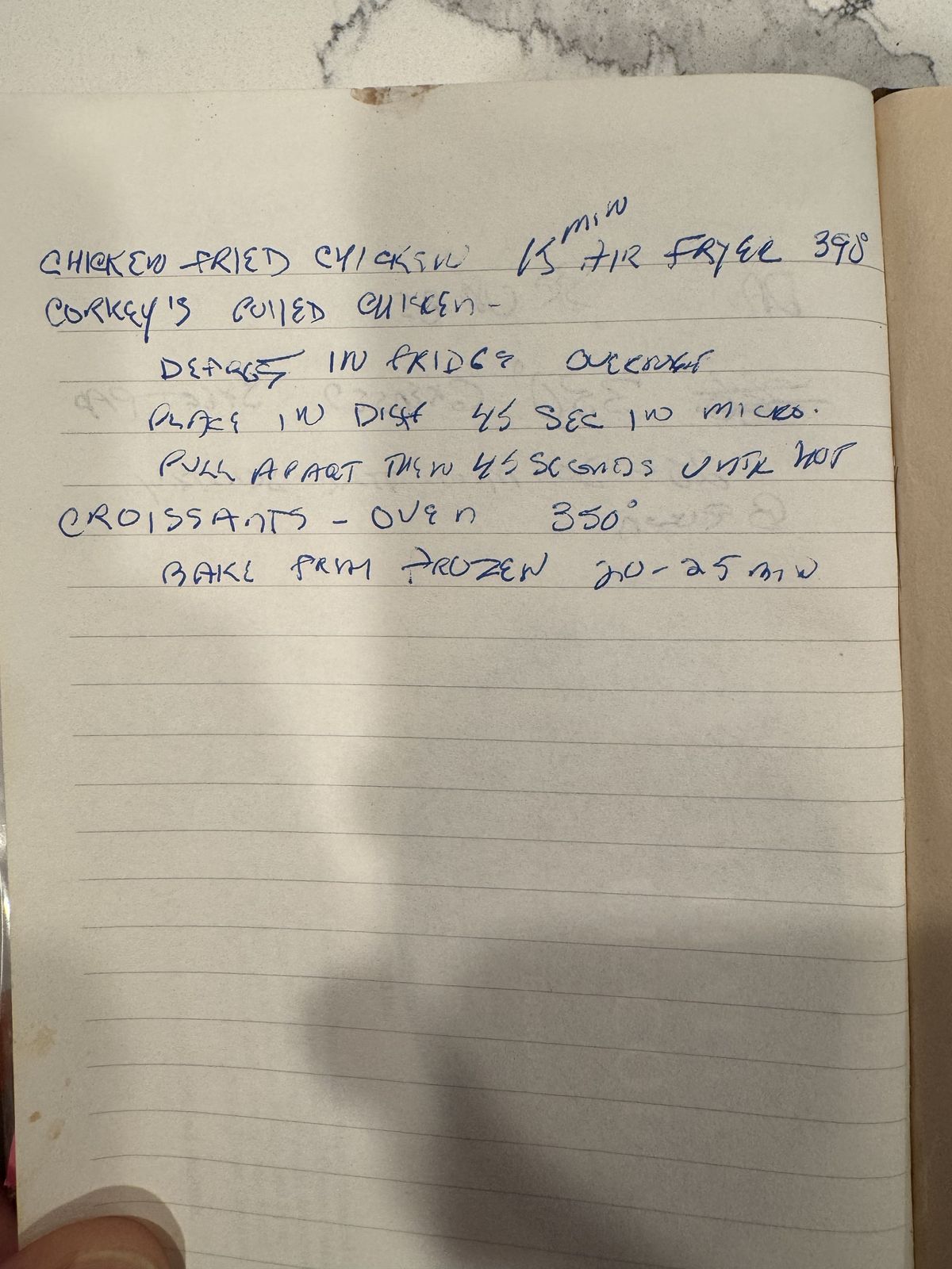 Grammy's handwritten page for Kitchen Notes: Air Fryer & Reheating