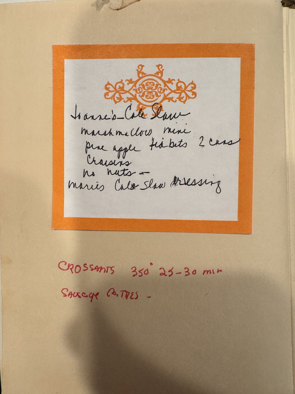 Grammy's handwritten page for Joanne's Cole Slaw